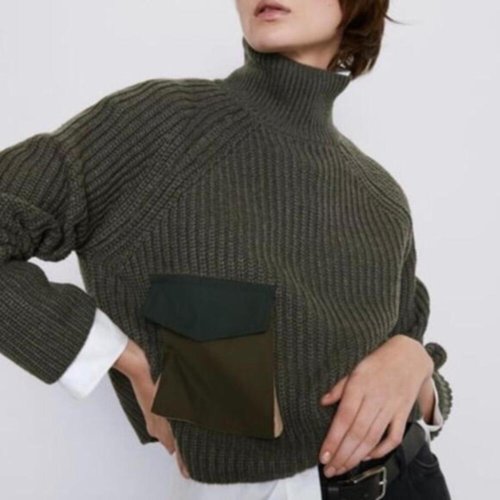 Zara Sweater Olive Green Gorpcore Ribbed Mock Neck Cargo Pocket Cropped Utility‎